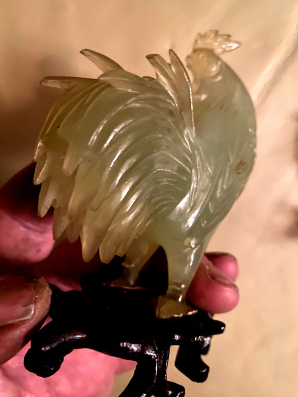 Très belle paire de coqs en jade vert amande sur socle bois  précieux sculpté ajouré Chinois
