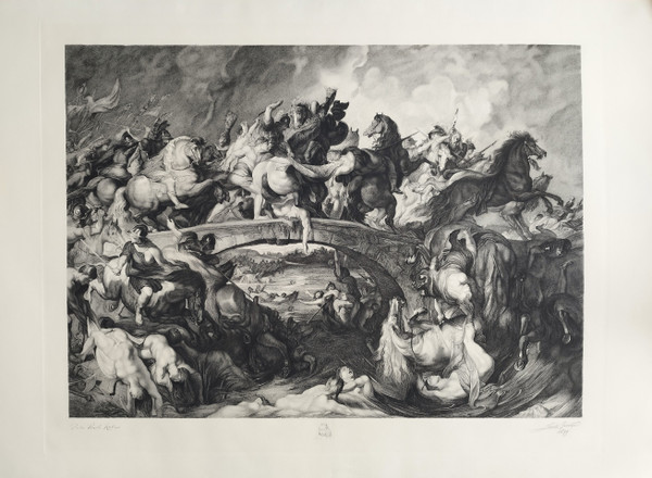 Etching The Battle Of The Amazons Engraving After Rubens By Louis Greuse Old Print