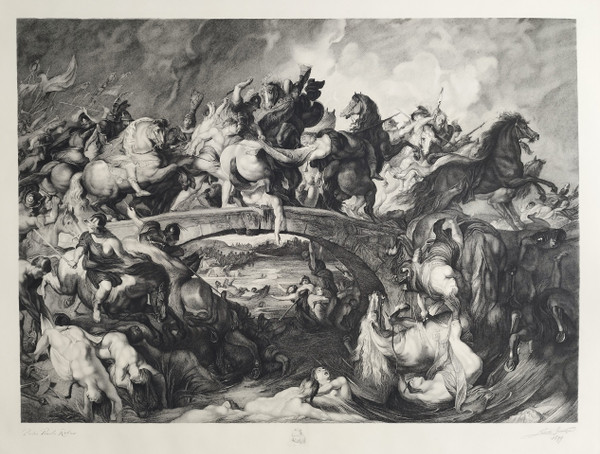 Etching The Battle Of The Amazons Engraving After Rubens By Louis Greuse Old Print