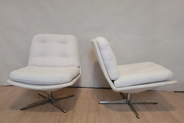 Pair Of Rotating Low Chairs, Bouclette Fabric, 20th Century