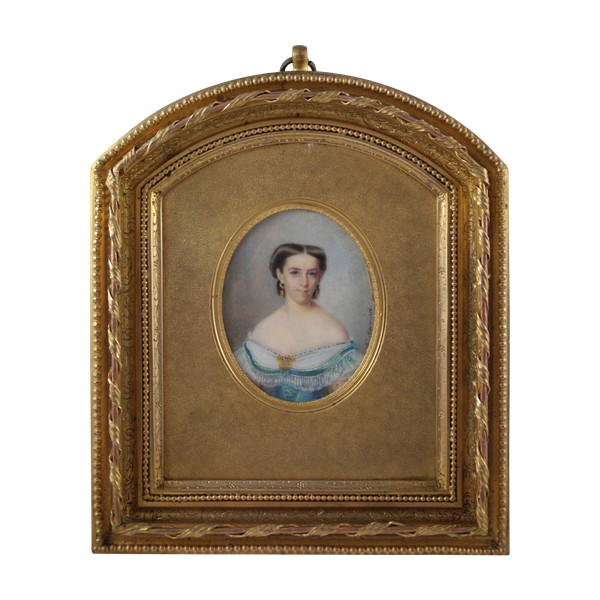 Miniatura dipinta di Louise Besnard (1816-1879) e cornice in bronzo dorato Picart