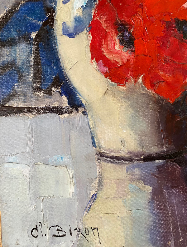 Clémence Biron. “Bouquet of anemones or red poppies”. Oil On Canvas Early 20th Century.