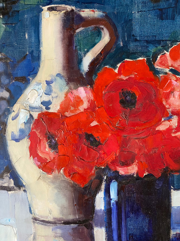 Clémence Biron. “Bouquet of anemones or red poppies”. Oil On Canvas Early 20th Century.