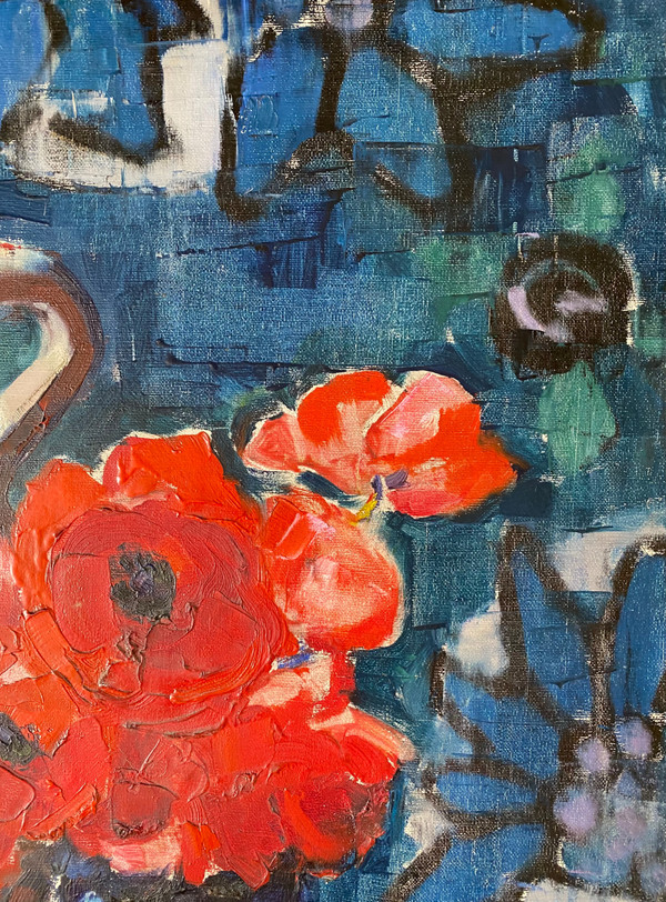 Clémence Biron. “Bouquet of anemones or red poppies”. Oil On Canvas Early 20th Century.