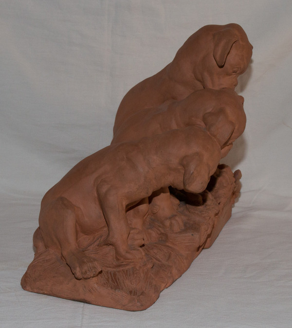 "Tre Cuccioli" in terracotta Firmato Georges Lucien Vacossin Inizio del XX secolo