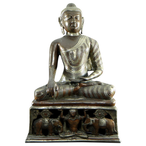 Birmanie, Années 1920/1930, Statue Bouddha En Bronze à Double Patine Cuivre Et Argent.