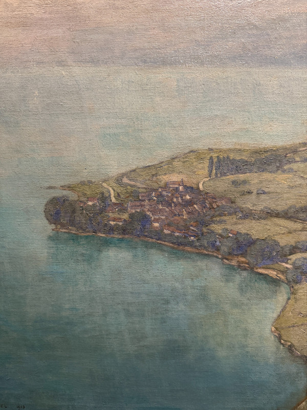 André Engel (1880-1942) - Ecole Suisse, Vue Aérienne Du Lac Léman, 1913