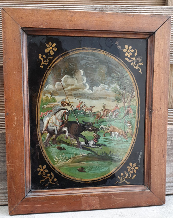 Büffeljagd, unter Glas fixiert, indo-portugiesisch/philippinisch? 18. Jahrhundert
