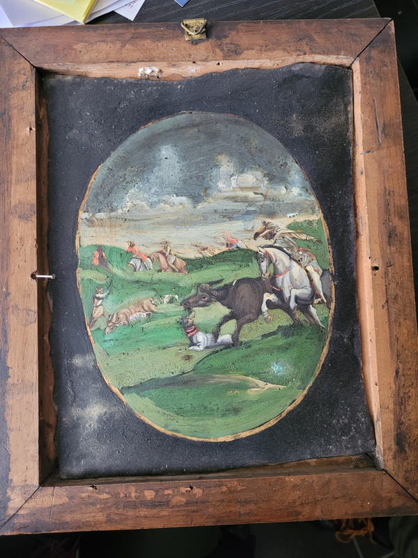 Büffeljagd, unter Glas fixiert, indo-portugiesisch/philippinisch? 18. Jahrhundert