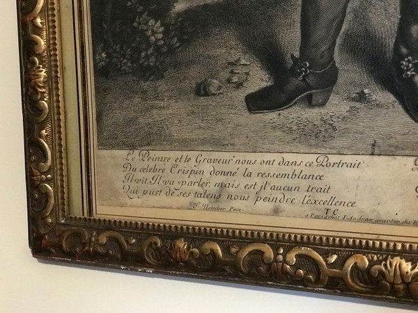 Full-length portrait of the actor Raymond Poisson in the role of Crispin, etching, 17th century
