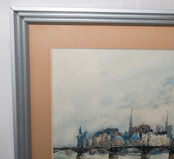 Watercolor "Le Pont Des Arts" Paris, Signed Frank Will 1929