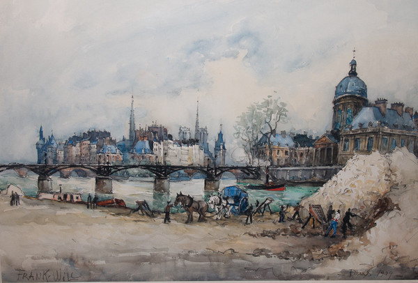 Watercolor "Le Pont Des Arts" Paris, Signed Frank Will 1929