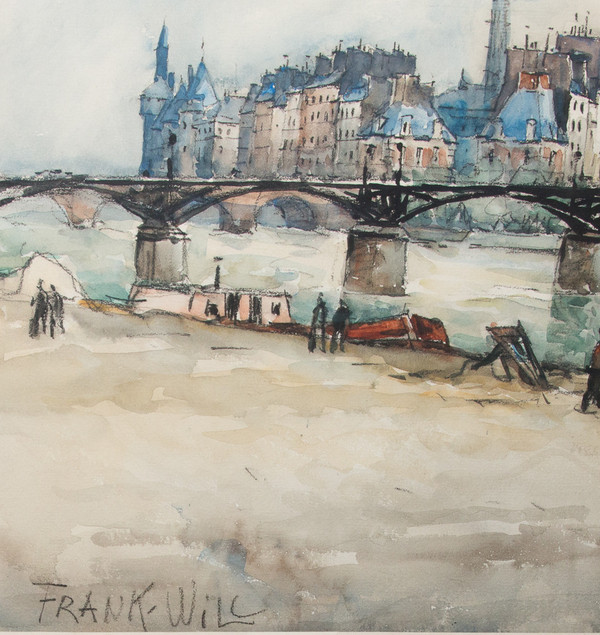 Watercolor "Le Pont Des Arts" Paris, Signed Frank Will 1929