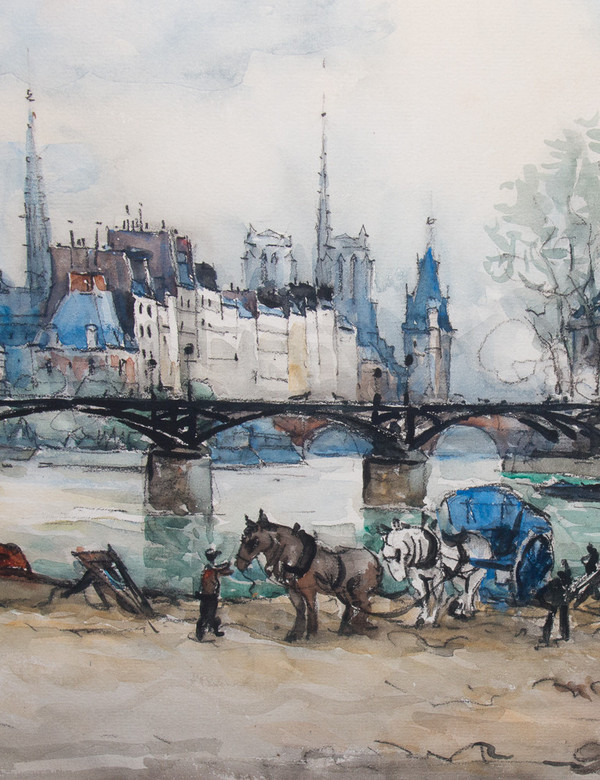 Watercolor "Le Pont Des Arts" Paris, Signed Frank Will 1929