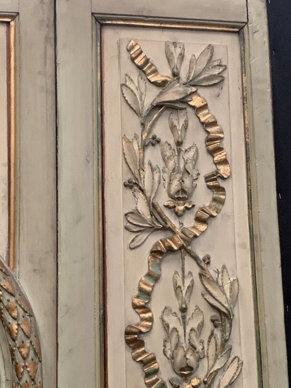 19th century patinated and gilded wood and stucco fireplace mirror