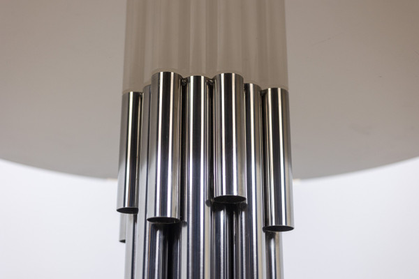 Chromed metal "organ" pedestal table. Circa 1970.