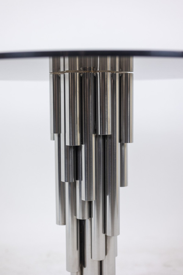 Chromed metal "organ" pedestal table. Circa 1970.