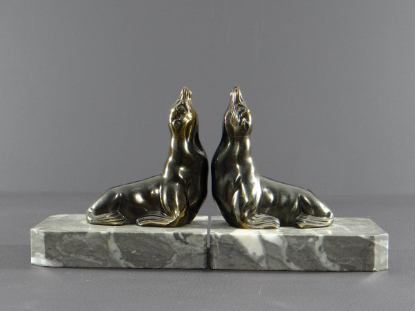 France, Années 1930/1950, Paire De Serre-livres En Fonte D’art Figurant Des Otaries.