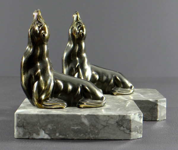 France, Années 1930/1950, Paire De Serre-livres En Fonte D’art Figurant Des Otaries.