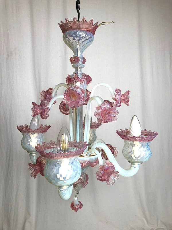 Milky white and pink Murano glass chandelier with four arms of light