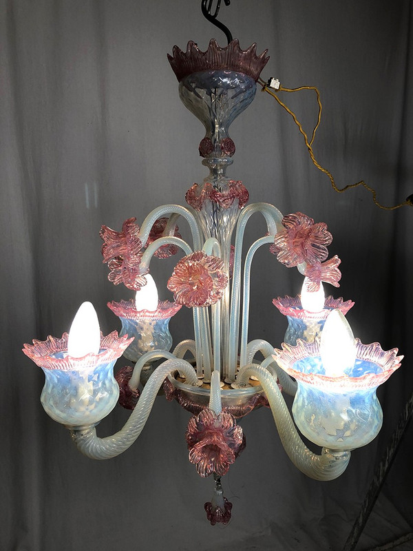 Milky white and pink Murano glass chandelier with four arms of light