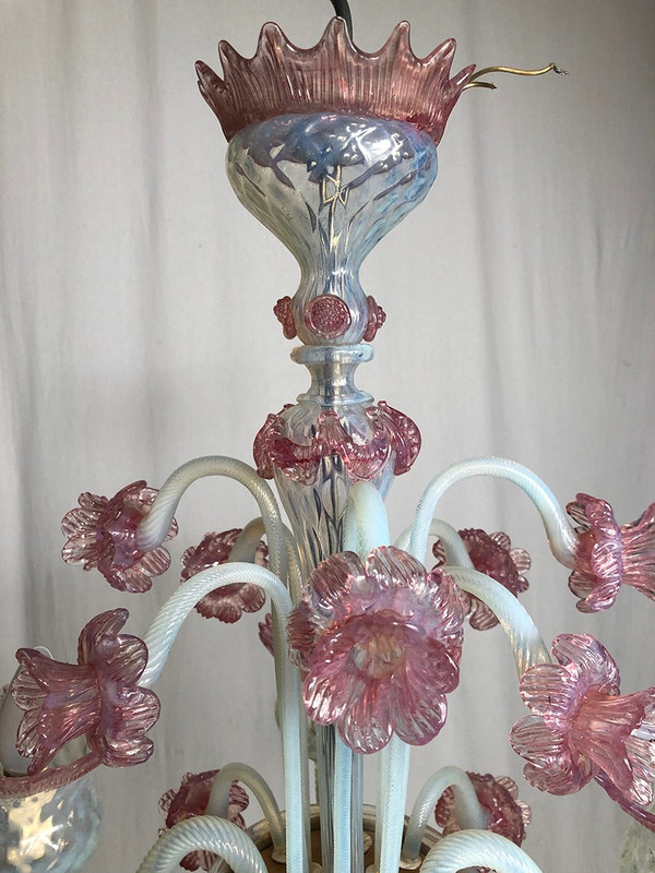 Milky white and pink Murano glass chandelier with four arms of light
