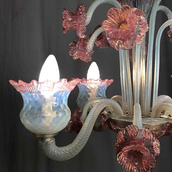Milky white and pink Murano glass chandelier with four arms of light