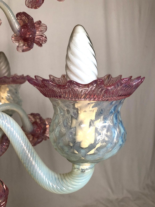 Milky white and pink Murano glass chandelier with four arms of light