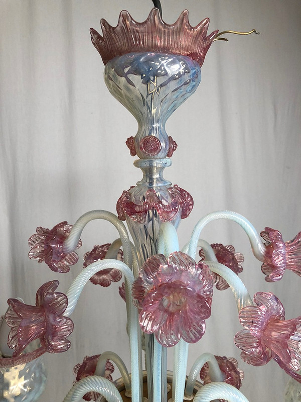 Milky white and pink Murano glass chandelier with four arms of light