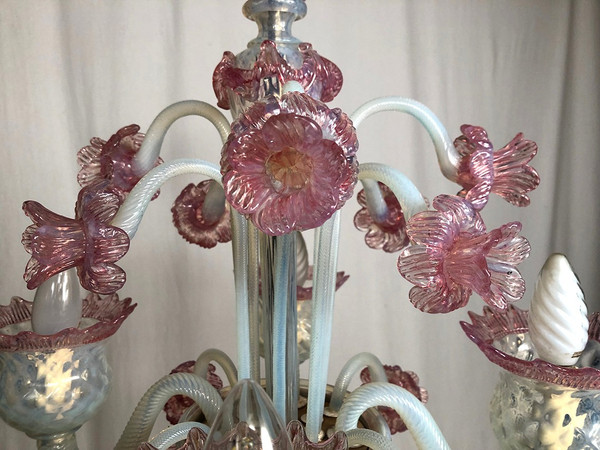 Milky white and pink Murano glass chandelier with four arms of light
