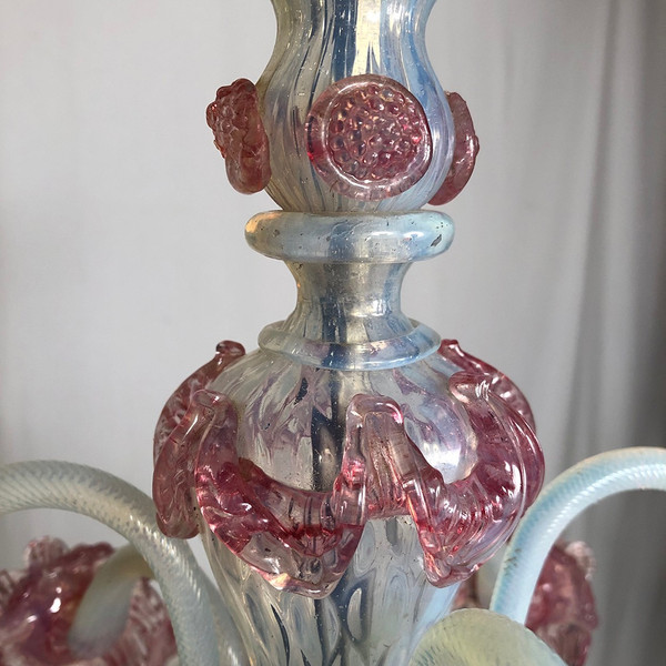 Milky white and pink Murano glass chandelier with four arms of light
