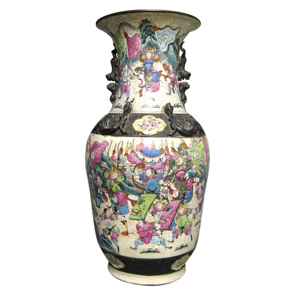 Große Chinesische Vase Aus Craquelé-Keramik Aus Nanjing 19. Familie Rose.