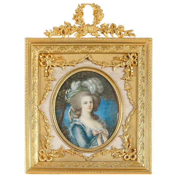 A beautiful ivory painting of Marie Antoinette in a late 19th century gilt bronze frame.