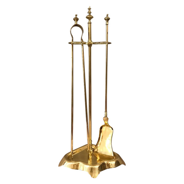 Antique 19th century brass fireplace set with shovel and tongs