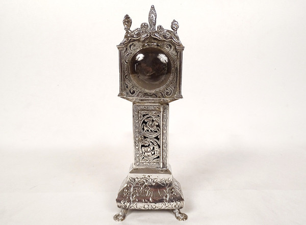 Miniatura di orologio da terra olandese in argento Vergine Venere XIX secolo