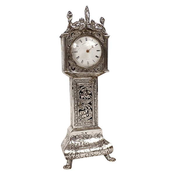 Miniatura di orologio da terra olandese in argento Vergine Venere XIX secolo