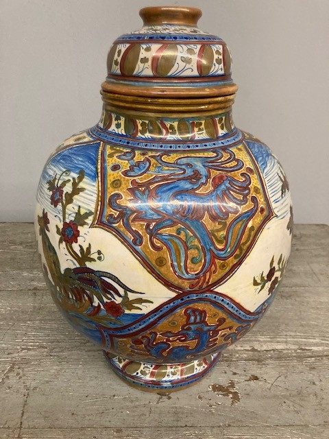 Ancient large Potiche Santarelli Gualto Tadino Liberty vase with Rooster Height 48 cm