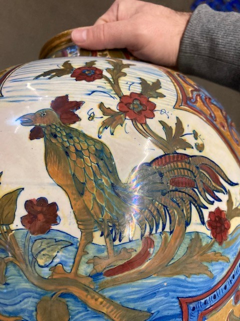 Ancient large Potiche Santarelli Gualto Tadino Liberty vase with Rooster Height 48 cm