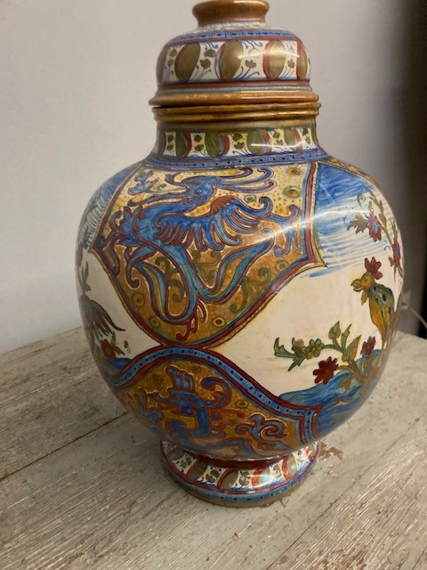Ancient large Potiche Santarelli Gualto Tadino Liberty vase with Rooster Height 48 cm