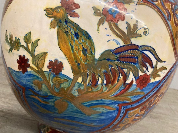 Ancient large Potiche Santarelli Gualto Tadino Liberty vase with Rooster Height 48 cm