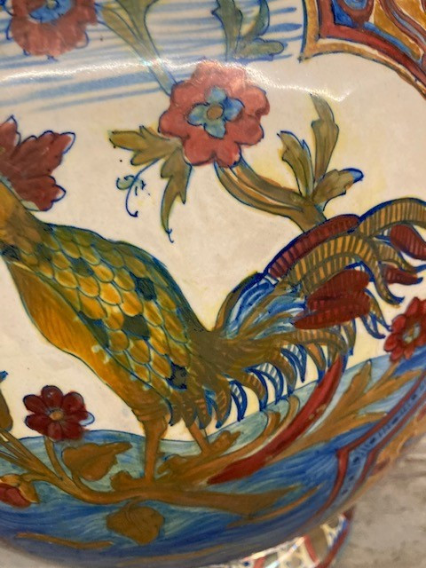 Ancient large Potiche Santarelli Gualto Tadino Liberty vase with Rooster Height 48 cm