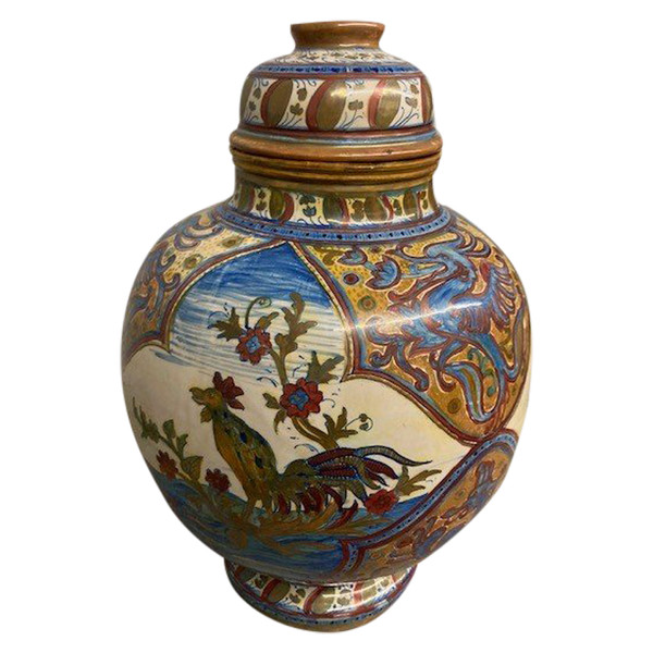 Ancient large Potiche Santarelli Gualto Tadino Liberty vase with Rooster Height 48 cm