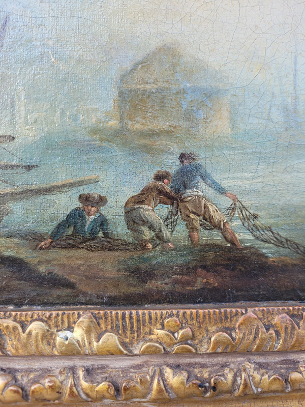 Belebte Landschaft Mit Fischern, Öl Auf Leinwand Gerahmt, Frankreich, 18. Jahrhundert