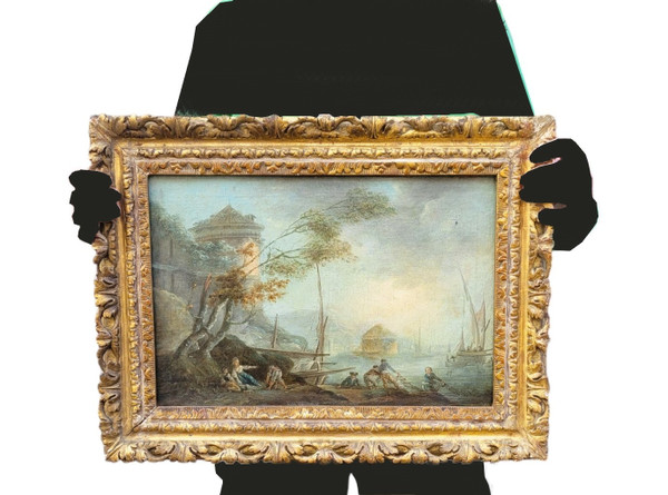Belebte Landschaft Mit Fischern, Öl Auf Leinwand Gerahmt, Frankreich, 18. Jahrhundert