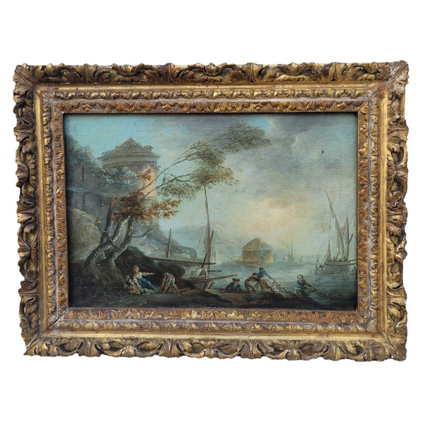 Belebte Landschaft Mit Fischern, Öl Auf Leinwand Gerahmt, Frankreich, 18. Jahrhundert
