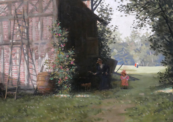 Alexandre BRUN 1853-1941 Normandia, la casa a graticcio, dipinto, 1900 ca.