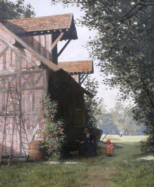 Alexandre BRUN 1853-1941 Normandia, la casa a graticcio, dipinto, 1900 ca.