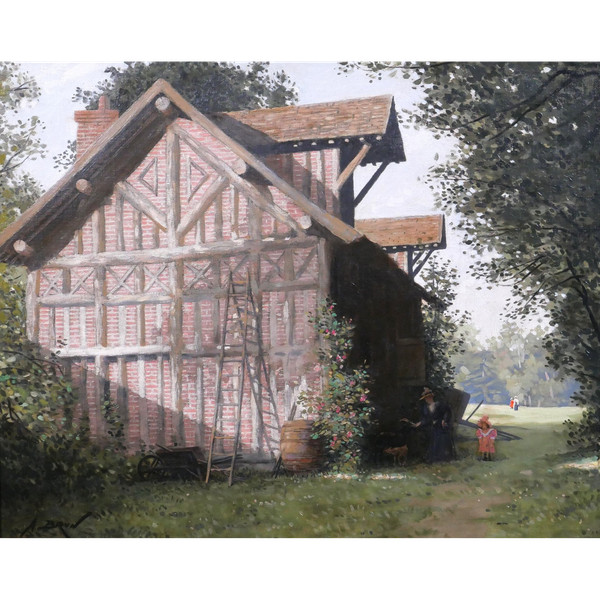 Alexandre BRUN 1853-1941 Normandia, la casa a graticcio, dipinto, 1900 ca.