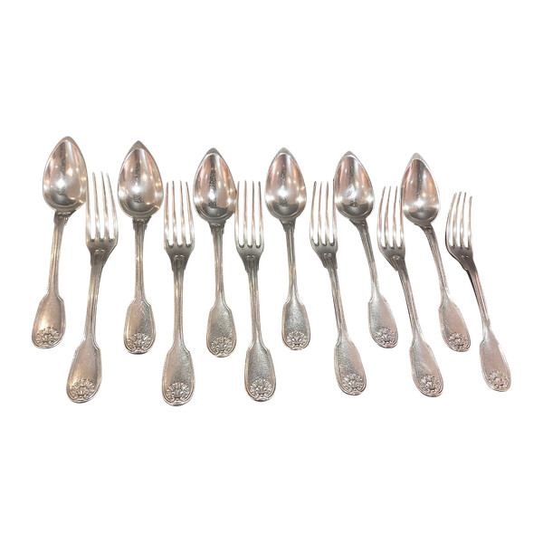 Six pieces of 19th century silver flatware.