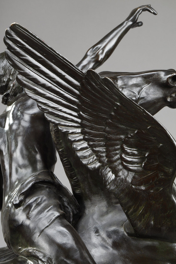 Bronze "Pegasus carrying the poet towards the regions of the dream" with brown patina